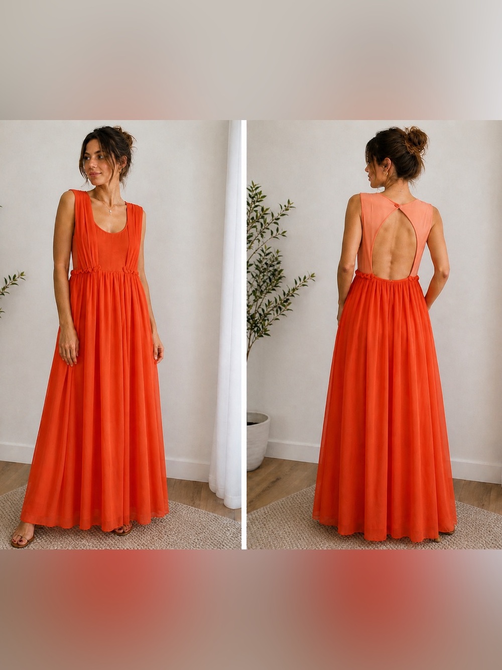 Carven Designer Silk Colorblock Maxi Dress/Coral Orange